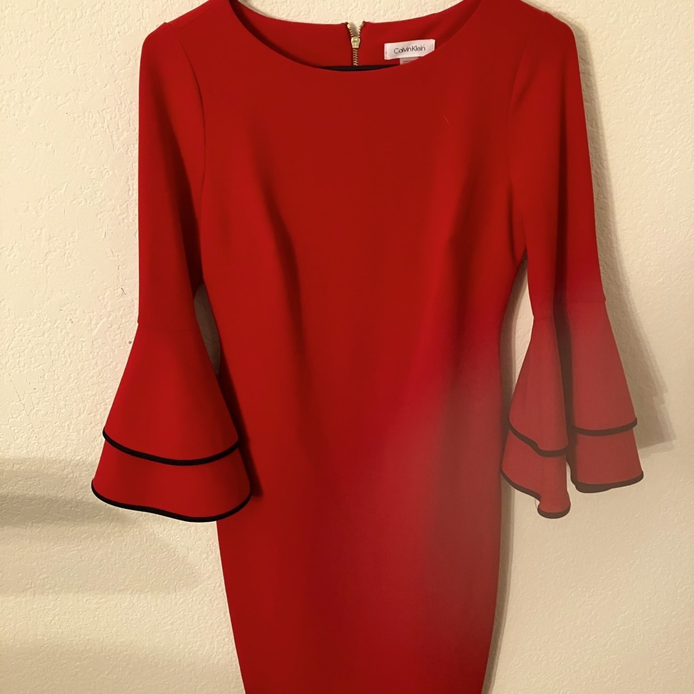 Calvin Klein Red Sheath Dress with Bell Sleeves